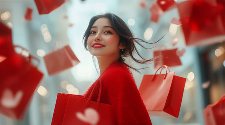 A smiling woman in a bright red coat enjoys a shopping spree, surrounded by floating gifts and confetti in a lively urban setting during the holiday season.の素材