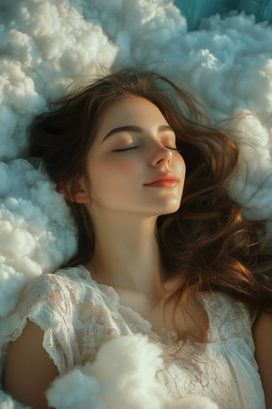 A serene woman lies peacefully amidst fluffy clouds, enjoying a moment of tranquility. Soft sunlight illuminates her features, creating a calming atmosphere for relaxation.の素材