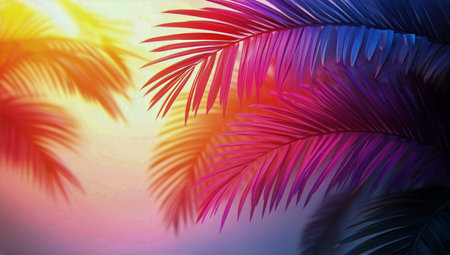 Tropical leaves are showcased in vivid hues of purple and pink while basking in colorful light at dusk, creating a tranquil atmosphere.の素材