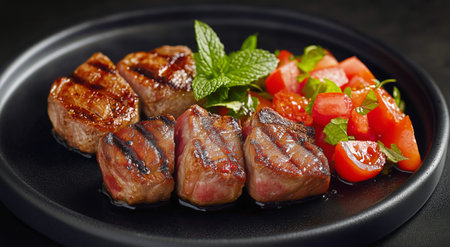 Juicy grilled meat is beautifully arranged on a black plate, accompanied by a vibrant salad of fresh tomatoes and aromatic herbs, creating an appetizing dish.の素材