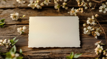 A blank card lies on a rustic wooden table, surrounded by delicate white blossoms. The warm sunlight casts gentle shadows, enhancing the spring ambiance.の素材