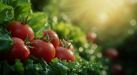 Dew-kissed tomatoes rest amid lush green leaves under the golden glow of morning sunlight. The scene captures the beauty of a thriving farm environment.の素材