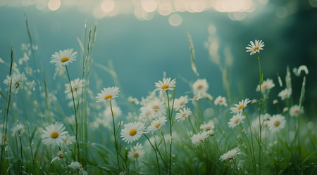 Bright white daisies flourish in a vibrant green meadow as soft sunlight filters through tall trees, creating a peaceful ambiance, inviting nature lovers to enjoy the beauty.の素材