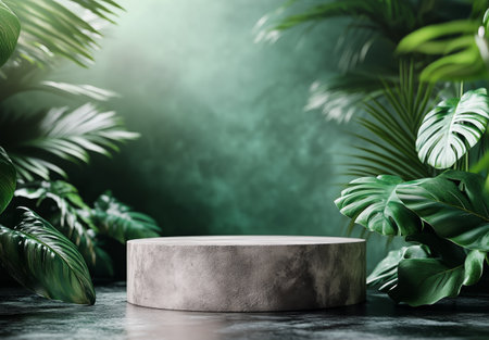 A circular concrete pedestal is positioned among vibrant green plants in a softly lit tropical environment, creating an atmosphere for display or presentation.の素材