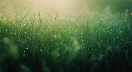 Dew-covered grass blades glisten in the early morning sunlight, creating a vibrant green carpet. The scene captures the freshness of a cool morning, inviting tranquility.の素材
