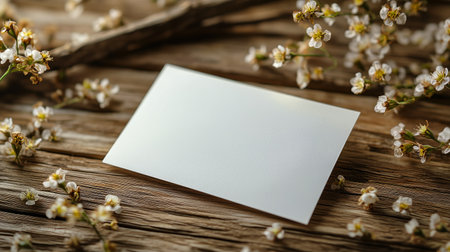 A blank card lies on a rustic wooden table, surrounded by delicate white blossoms. The warm sunlight casts gentle shadows, enhancing the spring ambiance.の素材