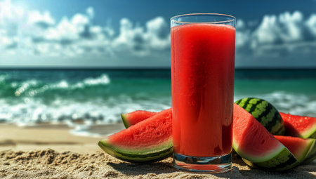 A glass of bright red watermelon juice stands on the warm sand beside fresh watermelon slices under a clear blue sky. Gentle ocean waves lap at the shoreline.の素材