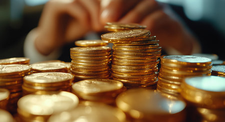 Stacks of shiny gold coins are arranged purposefully on a table. In the background, a person in a suit adjusts their watch, focused on financial matters.の素材