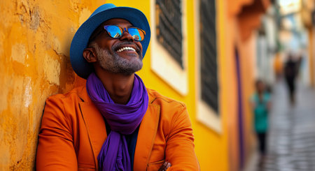 A man enjoys a sunny day in a lively neighborhood, dressed in an orange suit and purple scarf, smiling widely while sunglasses reflect the cheerful atmosphere around him.の素材