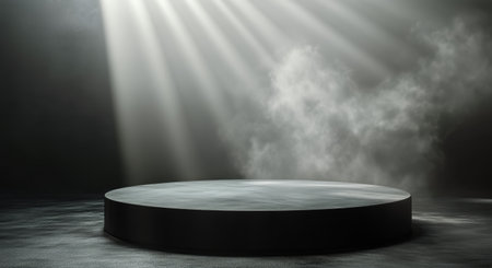 Bright beams of light shine down on a circular stage, creating an aura of mystery. The surrounding fog adds to the dramatic atmosphere in an empty, darkened space.の素材