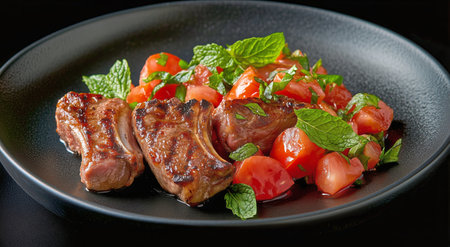Juicy grilled meat is beautifully arranged on a black plate, accompanied by a vibrant salad of fresh tomatoes and aromatic herbs, creating an appetizing dish.の素材