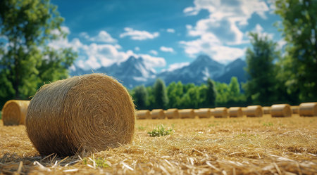 Farmers are collecting and rolling hay bales in a sunlit field surrounded by green trees and majestic mountains under a bright blue sky.の素材
