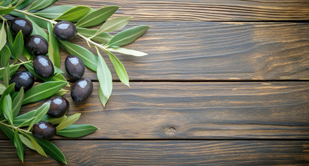 Black olives are nestled among vibrant green leaves on a weathered wooden surface, showing a natural and organic presentation perfect for culinary use or decoration.の素材