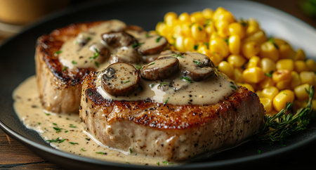 Juicy pork chops topped with rich mushroom sauce are accompanied by sweet corn. This hearty dish is perfect for a satisfying meal any time of day.の素材