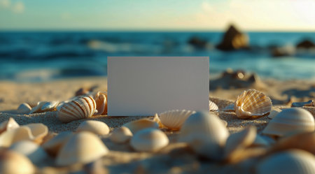 A blank card rests among seashells on a sandy beach as soft waves wash ashore during sunset. The serene atmosphere invites peaceful reflection and creativity.の素材