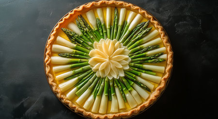 A vibrant vegetable tart showcases asparagus and delicately carved flower garnish, arranged symmetrically. The crust is golden brown, contrasting with the fresh green vegetables.の素材
