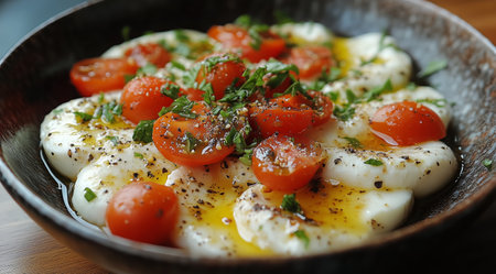 A creamy burrata cheese dish is beautifully presented in a rustic bowl, topped with vibrant cherry tomatoes and fresh herbs, drizzled with olive oil for added flavor.の素材