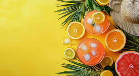 Two glasses filled with ice and vibrant citrus juices sit on a bright yellow surface. Fresh oranges and grapefruits are scattered around, complemented by green leaves and a straw hat.の素材