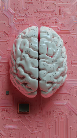 A stylized brain model features intricate circuit board designs, suspended against a soft pink backdrop.の素材