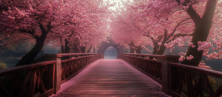 A tranquil bridge made of wood stretches across a peaceful path surrounded by blooming cherry blossoms. Soft mist envelops the scene, creating a magical atmosphere.の素材