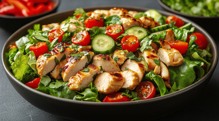 A vibrant salad features grilled chicken pieces, cherry tomatoes, cucumber slices, and mixed greens. This dish is perfect for a healthy lunch on a warm day.の素材