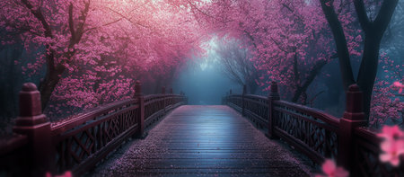 A tranquil bridge made of wood stretches across a peaceful path surrounded by blooming cherry blossoms. Soft mist envelops the scene, creating a magical atmosphere.の素材
