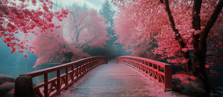 A tranquil bridge made of wood stretches across a peaceful path surrounded by blooming cherry blossoms. Soft mist envelops the scene, creating a magical atmosphere.の素材