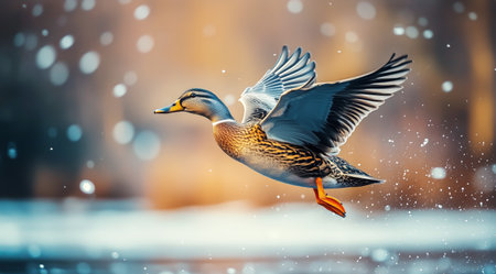 A duck soars gracefully through the air amid falling snowflakes in a serene winter setting. The peaceful scene captures the essence of natures beauty during colder months.の素材