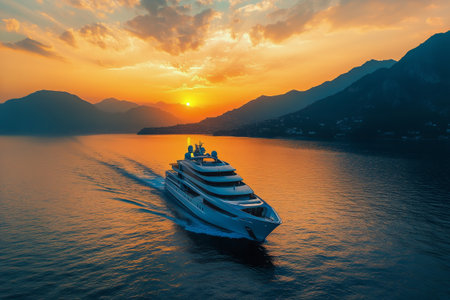 A large yacht gracefully sails through tranquil waters as the sun sets behind distant mountains, creating a breathtaking blend of colors in the sky.の素材