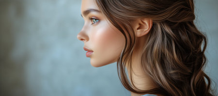 A young woman showcases her long, flowing hair while posing elegantly in a relaxed atmosphere. Soft lighting enhances her features, creating a serene and captivating look.の素材