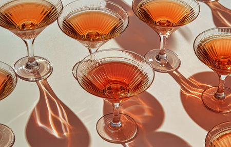 Four crystal martini glasses filled with a light pink drink are arranged neatly on a table. Soft sunlight casts delicate shadows, enhancing the warm ambiance of the setting.の素材