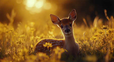 A young fawn stands amidst blooming yellow flowers as the soft glow of sunset illuminates the field, highlighting its delicate features and curious demeanor.の素材