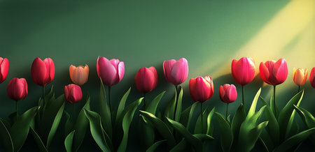 Bright red and yellow tulips flourish in a vibrant garden filled with greenery, showing natures beauty in full bloom during the spring season.の素材