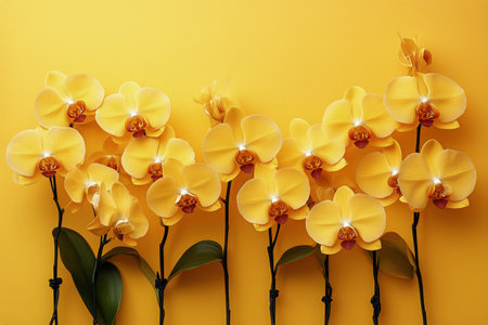 Delicate white orchids with bright yellow centers are beautifully arranged against a striking yellow backdrop, adding elegance and vibrancy to any space or occasion.の素材