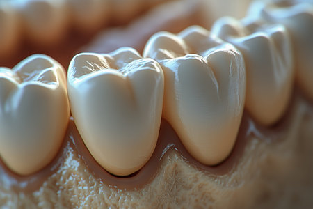 This close view captures several healthy teeth, highlighting their smooth surfaces and natural shine, often associated with good oral hygiene practices in a clinical setting.の素材