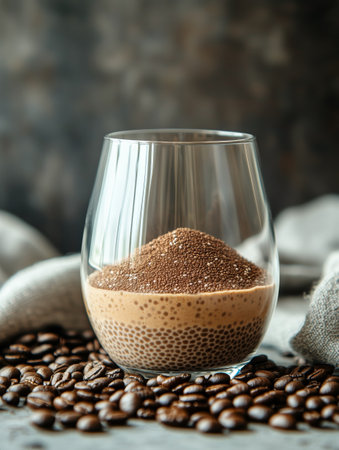 A layered coffee drink showcases a creamy top with rich espresso nestled above a chocolate base. Surrounded by fresh coffee beans, this indulgent beverage is sure to delight enthusiasts.の素材