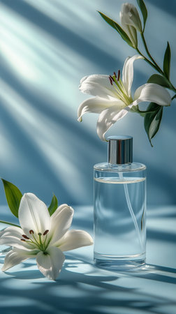 A clear fragrance bottle stands elegantly beside fresh white lilies and delicate green leaves, set against a calming blue backdrop, showing natural beauty and sophistication.の素材