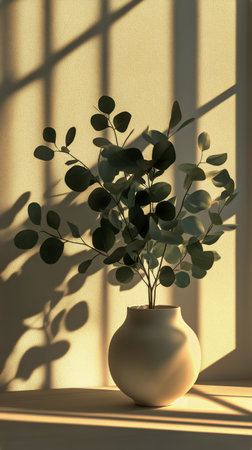 A potted plant with lush green leaves stands on a minimal surface, illuminated by soft sunlight streaming through. Shadows create a calming ambiance in the modern space.の素材
