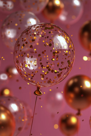 Bright, cheerful balloons filled with glitter stand out against a soft pink background. Perfect for parties, celebrations, and joyful events, creating a lively atmosphere.の素材