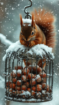 A squirrel sits in a metal feeder filled with nuts in a winter garden. Snow falls gently, covering the squirrels head and highlighting the tranquil beauty of the snowy day.の素材