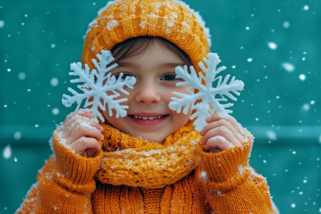 A joyful child wearing a warm yellow hat and sweater playfully holds a snowflake in front of their face, surrounded by snow and a colorful winter background.の素材
