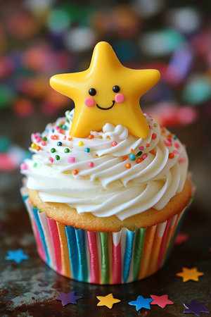 A bright cupcake topped with swirls of frosting, a smiling star decoration, and colorful sprinkles sits amidst scattered confetti at a joyful birthday party.の素材