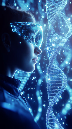 Individual stands outdoors in a stylish jacket with high-tech glasses, surrounded by glowing blue DNA patterns and colorful lights, creating a captivating ambiance.の素材