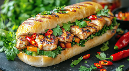 A delicious sandwich features grilled chicken slices nestled in a soft bun, adorned with fresh herbs and red chili peppers. Vibrant colors create an appetizing display.の素材