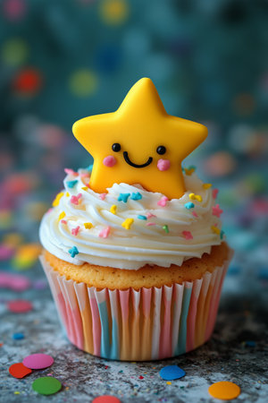 A bright cupcake topped with swirls of frosting, a smiling star decoration, and colorful sprinkles sits amidst scattered confetti at a joyful birthday party.の素材