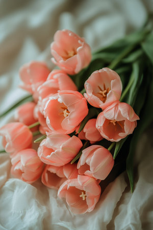 A bouquet of soft pink tulips rests on delicate fabric, showing their vibrant color and fresh appeal, perfect for any floral arrangement or decorative purpose.の素材