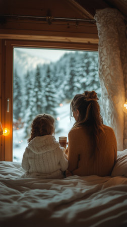 Mother and daughter sit together on a bed, enjoying warm drinks while gazing out at a snowy landscape through a large window during a cozy winter morning.の素材