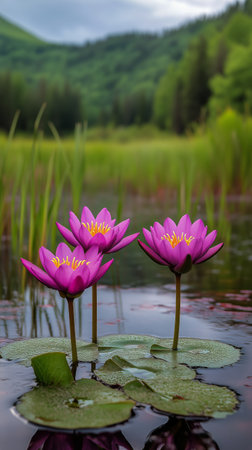 Three vibrant purple water lilies stand tall above clear water, surrounded by green lily pads. The scenery is peaceful, with lush greenery and a bright blue sky overhead.の素材