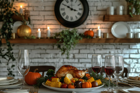 A beautifully arranged dinner table features a roasted turkey centerpiece surrounded by pumpkins, corn, and candles, creating a warm atmosphere for the autumn celebration.の素材