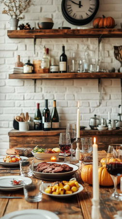 A beautifully set table displays a variety of autumn dishes, including roasted meat, seasonal vegetables, and red wine, creating a warm atmosphere perfect for gathering.の素材